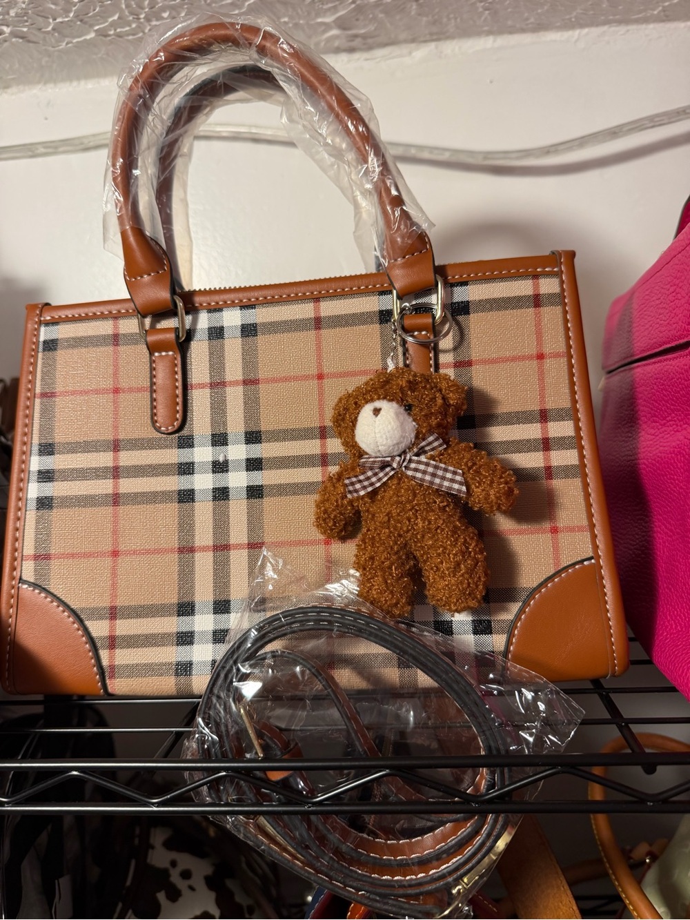 Classic Plaid Tan Tote Bag with Leather Trim - Picture 2 of 3